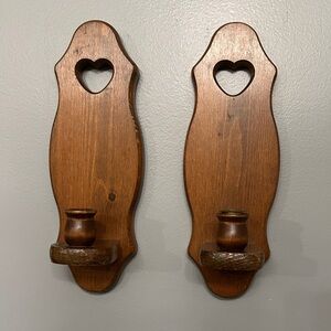 Vintage 1980s Heart Cutout Brown Wooden Wall Sconces With Glass Votive Cups-EUC